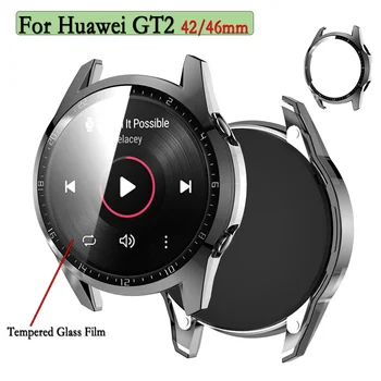 2 az 1-ben védőtok + edzett üveg film Huawei GT2 46/42mm órafedélhez edzett üveg teljes képernyős fólia Filmóra
