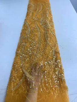 2023 Legújabb gyönyörű afrikai kézzel készített gyöngyök gyöngyös csipkék szövet Luxus nigériai flitterek hálós csipke szövet parti esküvői ruhához