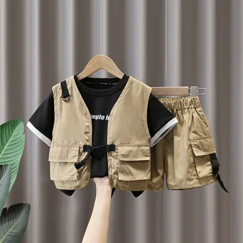 2023 nyár Gyerek ruha Gyermek Trcksuit Fiú öltöny Tank felső + Póló + rövidnadrág 3Db/szett alkalmi tini ruhák 2-10 év