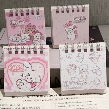 2024 Rajzfilm rózsaszín macska asztali naptár Mini aranyos álló flip asztali naptár Kis napi tervezés havi naptár otthonra
