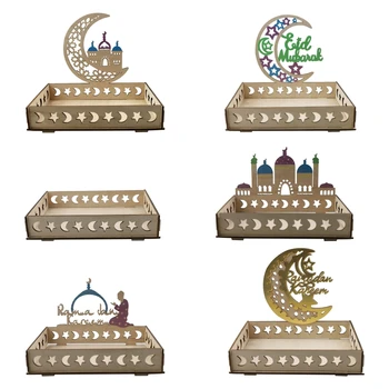 2024 Új Eid Mubarak dekoráció fa tálca Moon Star desszert ételtálca Iszlám muszlim