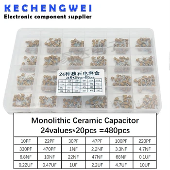 24értékek * 20db = 480db monolit kerámia kondenzátor 10pF ~ 10uF, kerámia kondenzátor vegyes készlet + BOX