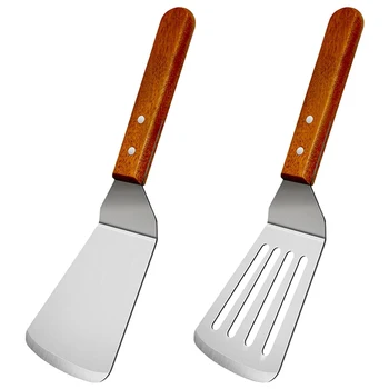 2Db fém spatula készlet öntöttvas serpenyőhöz, halhoz Tojás grill réselt spatula esztergályos fa fogantyúval - főzőedények