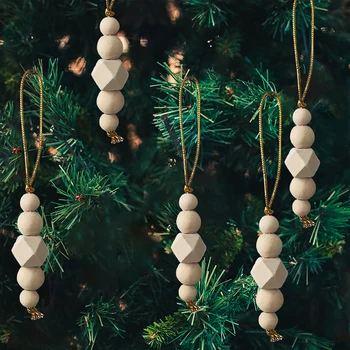 3Pcs Fa gyöngyfűzős medálok Kerek természetes fa gyöngyök Karácsonyfa koszorú függő díszek Karácsonyi party ajándék dekoráció