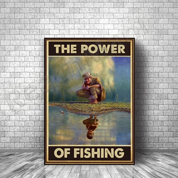 A horgászat ereje függőleges plakát, öregember és kisfiú víztükör falfestmény, vintage horgászfali dekoráció