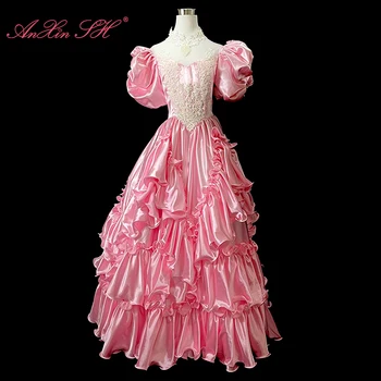 AnXin SH vintage rózsaszín szatén hercegnő rózsavirág o nyak fehér csipke gyöngyfűző gyöngy puffos ujjú fodros menyasszony Antik estélyi ruha