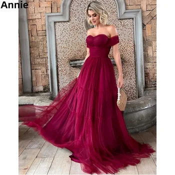 Annie szexi pánt nélküli báli ruhák bordó tüll estélyi ruha A-alakú 2023-as földig érő Vestidos De Noche