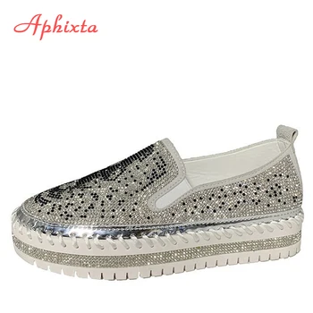 Aphixta női lakások Crystal Ladies Glitter Bling Loafers Lapos platform Divat Nő Mokaszinok Női cipők Nagy méret 42 43