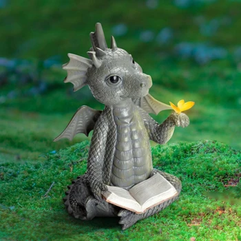 Aranyos kis sárkány Dinoszaurusz Meditáció Olvasás Könyv Szobrászat Figura Kert Lakberendezés Gyanta Dísz Kültéri dekoráció