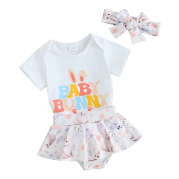 Baby Girls 3Db húsvéti ruha rövid ujjú levél romper + szoknya rövidnadrág + fejpánt szett csecsemőruhák