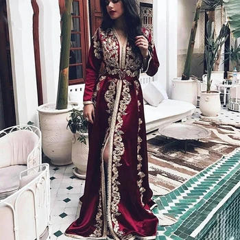 Burgundiai muszlim estélyi ruhák A-vonalú hosszú ujjú rátétek Iszlám Dubai Szaúdi Arab Marokkói Kaftán hosszú estélyi ruha Bál
