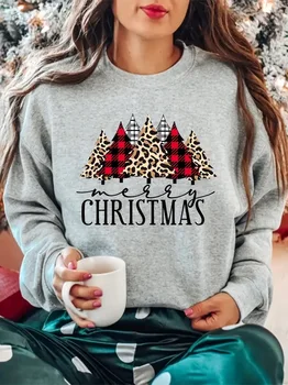 Christmas Letter & Tree Print pulóver, aranyos hosszú ujjú legénységi nyakú pulóver, női ruházat