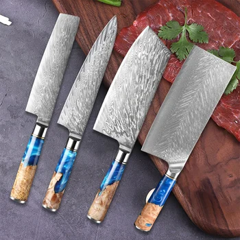 Damaszkuszi acél VG10 szakács kés bárd Utility hentes kés éles ölni hal vágott zöldségek apróra vágott kék gyanta fa nyél