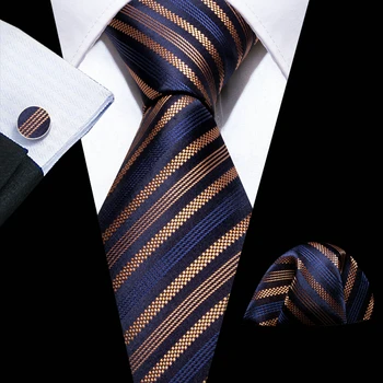 Designer Stripe férfi nyakkendők tengerészkék arany retro szőtt nyakkendő zsebkendő szögletes mandzsettagombok szettek esküvői ajándék üzleti Barry.Wang FA-6259