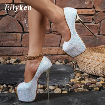Eilyken Peep Toe Thin Heels Design Glitter Sexy Pumps Women Wedding Femme Női cipő Platform Zapatos De Mujer