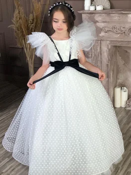 Elegáns tüll bolyhos csokor öv matricák hercegnő virág lány ruha esküvői parti bál elsőáldozási ruhák álom gyerekek ajándék
