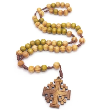 Fa gyöngyök medál nyakláncok katolikus rózsafüzér nyakláncok jeruzsálemi keresztény