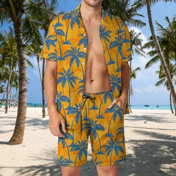 Férfi Hawaii ingkészlet Nyári vakáció Ruhák férfiaknak Rövid ujjú gomb Túlméretezett strandnadrág Férfi 2 részes szett ing