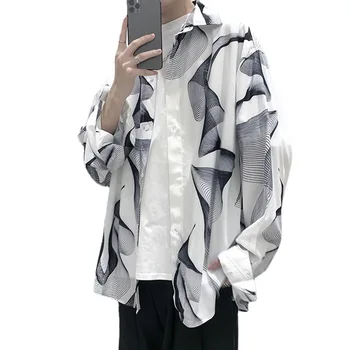 Hong Kong Style Férfi Ingek Sokoldalú Hip-hop Hosszú ujjú férfi ingek Koreai stílusú kabátfelsők Férfi ruházat Traf Homme