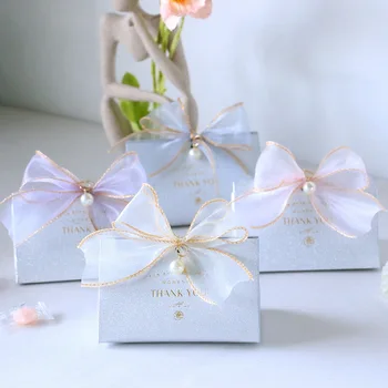 Háromszög Köszönöm Candy Box ezüst a Birhday Baby Shower Party számára Favor dobozok gyöngy dekorációval Esküvői ajándékdoboz csomagolás