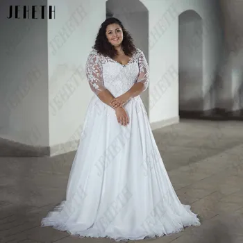 JEHETH elegáns túlméretezett esküvői ruhák nőknek 3/4 ujjú csipke fel hátsó menyasszonyi ruhák csipke rátétes A-Line vestidos de novia