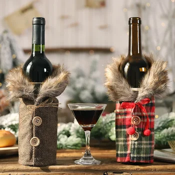 Karácsonyi borosüveg-borítók Bow csomó vászon szőrme gallér kötött borosüveg táska palack tok otthoni újévi asztalhoz Navidad dekorációk