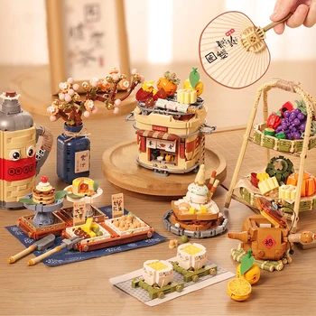 Kínai stílusú retro tűzhely tea kombináció élelmiszer tál Mini részecske építőelemek modell asztali dekoráció összeszerelés játékok ajándék