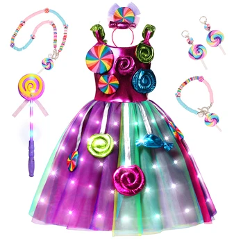 LED világít Purim 2024 Gyerek álcázó cukorka ruha lányoknak cosplay jelmez díszes gyerekek színes ruhák születésnapi zsúr ajándék
