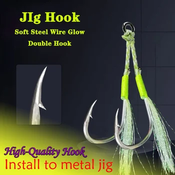 Luminous Twin Assist Hook Metal Jig Fast Slow Jigging Fishing Lure 1/0 2/0 3/0 4/0 5/0 Szöges, magas széntartalmú acél horgászhorgok