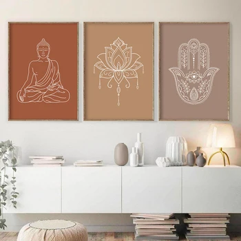 Mandala Buddha Lótusz Semleges színek Boho Wall Art Print Canvas Festészet Poszter Kép Zen Yoga Nappali Otthoni Belső dekoráció