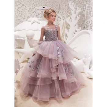 Mauve gyöngyös csipke tüll esküvői virág lány ruha gyerek party ruha hercegnő kislány születésnapi ruha