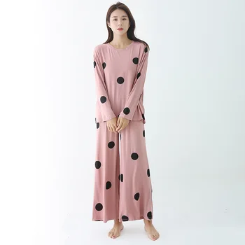 Modális pizsama szettek Pöttyös hálóruha Lady 2DB hálóruha Szexi O-nyakú ingek és nadrágok Hálóruha Rugalmas derék Alkalmi otthoni ruhák