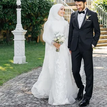 Muszlim gyönyörű magas galléros A-vonalú esküvői ruhák csipke teljes rátétes szatén padló hosszúságú menyasszonyi ruha kefe Vonat köntös de mariée