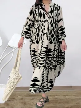 Nyári elegáns maxi ruha Nők 2024 Alkalmi Streetwear Vintage geometrikus V nyak Boho Beach Hosszú bő ruhák Női Vestidos