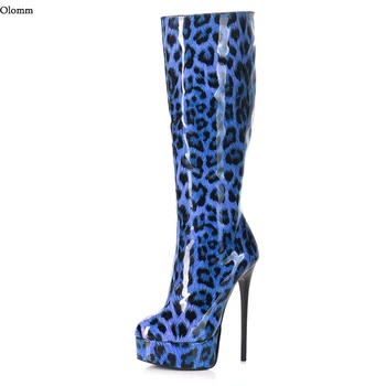 Olomm Handmade Women Winter Shiny Knee Boots Leopard Stiletto High Sarkú cipő Kerek orrú barna Kék Szürke Party cipő plusz US méret 5-20