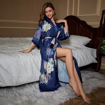 Oversize Print Kimonó köntös női szatén hálóruha hálóing, társalgóruha tavaszi nyári V-nyakú fürdőköpeny pongyola