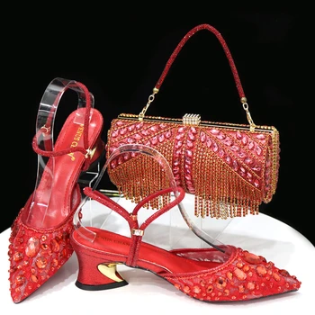 Piros színű divat magassarkú party női szandál Olasz design divat strassz esküvői cipő és táska szett