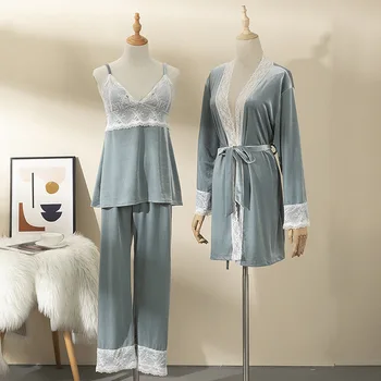 Szexi nők 3DB Velúr pizsama szett Őszi tél Új bársony hálóruha Fürdőköpeny Pizsama csipke hálóruha nadrág Öltöny Otthoni ruhák