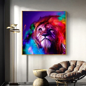 Szivárványszínű állatfestés vászon, művészeti nyomat és poszter, modern akvarell oroszlán, falfestmény nappalihoz, lakberendezés
