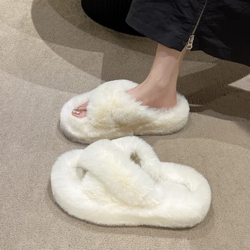 Téli női papucs Platform Flock Loafers Luxus csúszdák Lapos cipők Női szőrme flip flops Med Pantofle tervező plüss masszázs