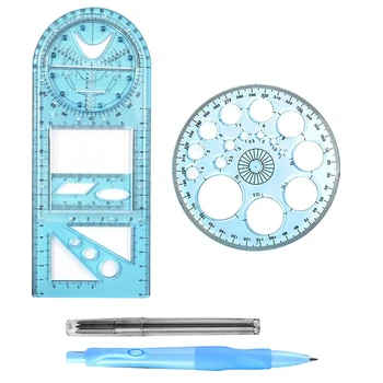 Többfunkciós geometriai vonalzó, geometriai rajzsablon mérőeszköz iskolai irodához ceruzával