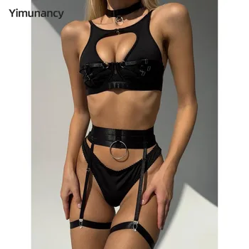 Yimunancy Choker Bandage fehérnemű szett Nők Fekete kivágású erotikus intim melltartó + bugyi fehérnemű szett Harisnyakötő készlet