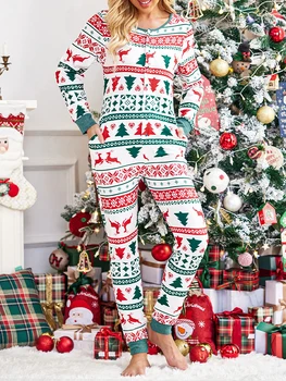 ZIYIXIN női karácsonyi pizsama hosszú ujjú V-nyakú mintás romper laza levehető ágyék rugalmas karácsonyi jumpsuit