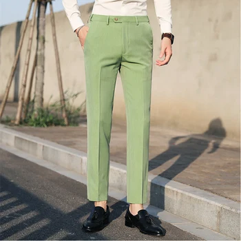 koreai stílusú öltönynadrág férfiaknak sárga világoszöld Pantalon Homme Solid Slim Fit alkalmi irodai egyenes nadrág formális nadrág P26