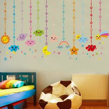 [shijuekongjian] Rajzfilm felhők csillagok Dísz fali matrica DIY nap szivárvány falfestmények gyerekeknek szoba baba hálószoba dekoráció