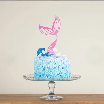 Új Fishtail akril torta topper Blue spray sütőtorta feltétje gyermekek születésnapi partijára Cupcake dekoráció Babaváró 3db