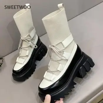 Őszi téli fekete rövid csizma Új női cipő 2021 Platform csizma nőknek Vaskos sarkú sztreccs szövet